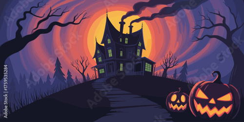 Haunted hilltop house, glowing green windows, spooky pumpkins, eerie full moon, twisted trees, dark path, creepy mist, horror night, seasonal Halloween illustration
