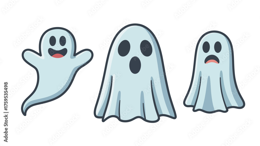 Obraz premium Three cartoon ghosts with different expressions on white background
