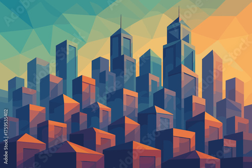 Gradient rooftops sky vector cityscape angular illustration futuristic geometric cubic city