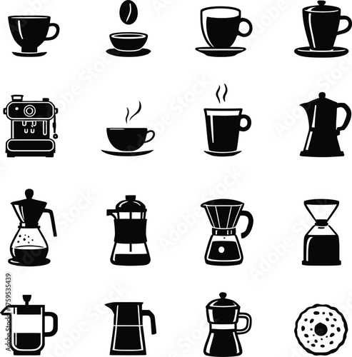 Coffee icons vector set various coffee preparation methods and coffee cups for cafe or restaurant 100