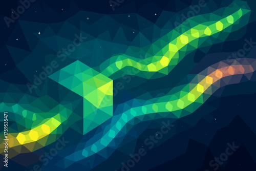 Across sky vectors illustration aurora flowing polygonal ribbons cube hexagonal vector
