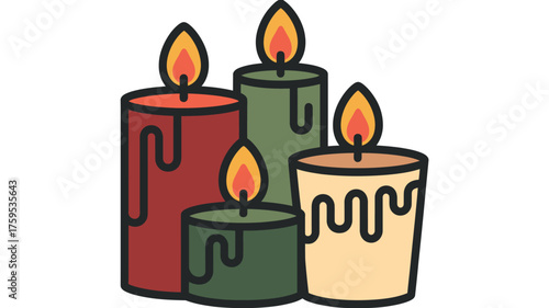 Four colorful lit candles with dripping wax illustration