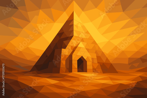 Vector geometric illustration formed stone desert angular temple triangular glowing gradients blocks