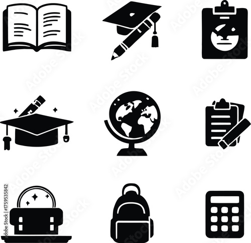 Education learning study school knowledge academic student vector icon set black and white illustration