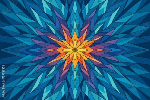 Radiating crystalline polygons kaleidoscope circular repeating vector made illustration geometric starburst symmetry
