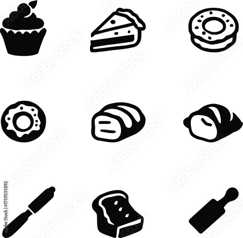 Bakery icons vector set with cupcake cake donut bread toast knife and rolling pin illustration design