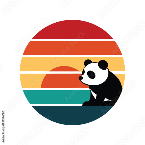 Retro Sunset Panda Vector Illustration on Vintage Striped Sun Circle