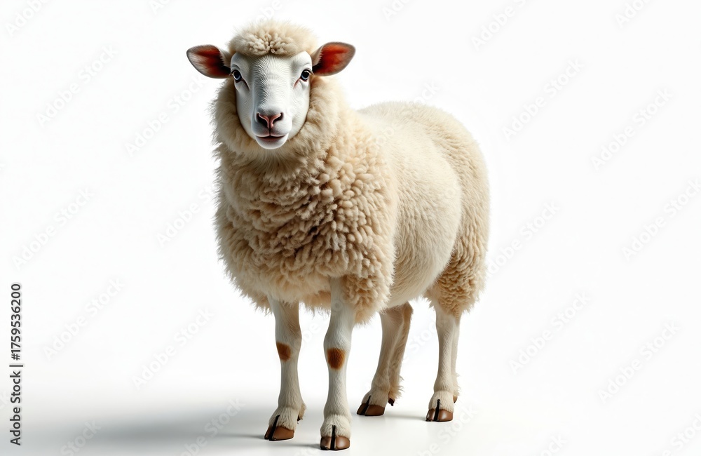 Fototapeta premium Full length frontal studio shot shows sheep with white wool on white background. Cute farm animal stands still, looks at camera. Symbolizes domestic livestock, spring, lambing season.
