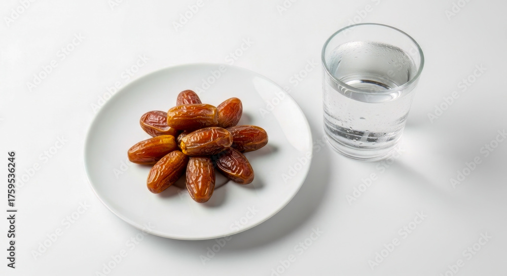 Fototapeta premium High Angle View of Sweet Dates on a Small White Plate with a Clear Glass of Water on a Plain White Background