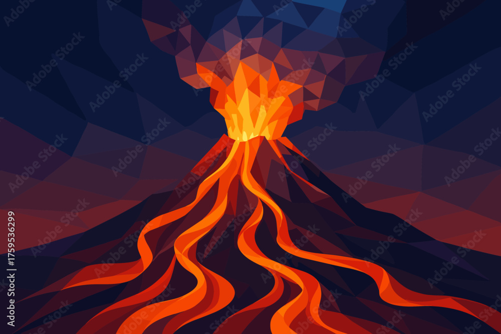 Cascading volcano ribbon smoke rising illustration lava vector eruption glowing polygonal
