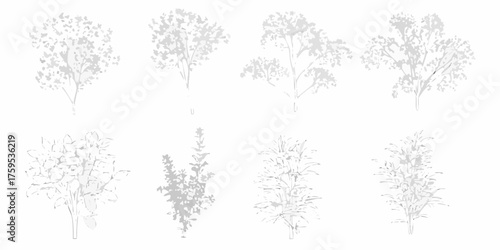 Collection of eight stylized minimalist white and gray trees and shrubs on a white background