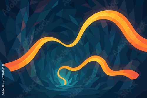 Cave across crystalline faceted vector glowing illustration light ribbons angular