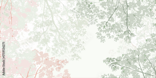 Softly blended tree canopy with delicate leaves and branches against a bright white sky