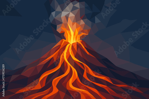 Polygonal illustration lava volcano abstract glowing rising ribbon ribbons smoke cascading vector