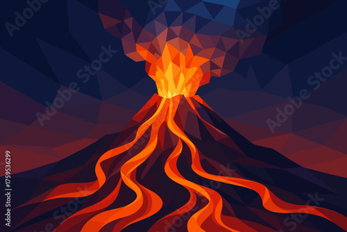 Cascading volcano ribbon smoke rising illustration lava vector eruption glowing polygonal