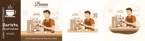 Flat Illustration of a Barista Making Coffee at Counter with Espresso Maker