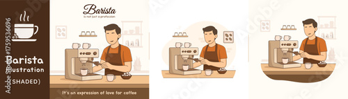 Barista Making Coffee with Espresso Machine Vector Illustration