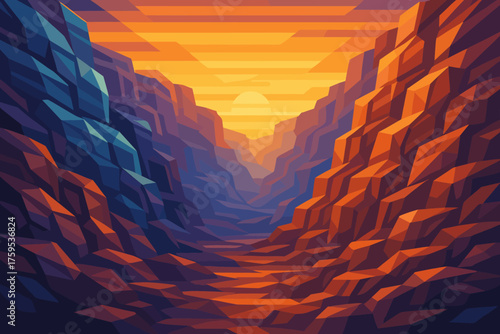 Sky illustration glowing crystalline rock layered scene canyon stripes forming faceted vector