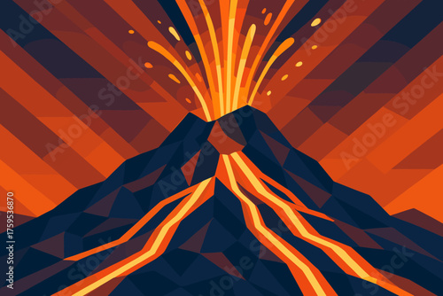 Glowing vector cascading volcanic stripes cascade mountain eruption lava slopes illustration down