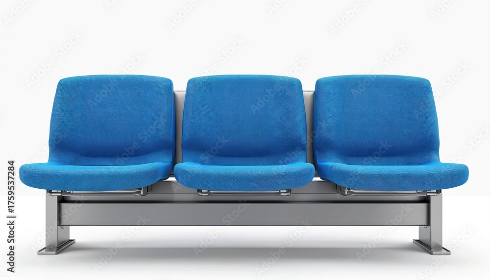 Obraz premium Three blue public transport seats arranged in a row. Modern design, clean upholstery, metal frame. Ideal for waiting areas, stations, or vehicle interiors.