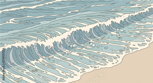 Gentle Waves Rolling onto Sandy Shore Coastal Scene Illustration for Serenity