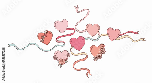 Festive and Whimsical Arrangement of Pink Hearts and Ribbons with Delicate Floral Accents