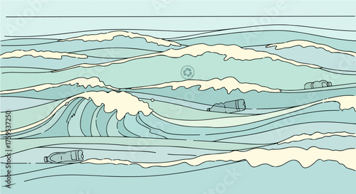 Graphic depiction of ocean waves carrying plastic bottles and waste, symbolizing marine pollution and the urgent global environmental challenge of ocean plastic