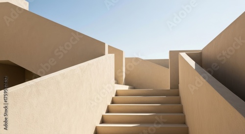 Stone stairs ascend, minimalist architecture, clear sky, beige building design