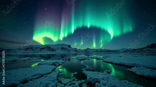 Wallpaper Mural Vibrant green and purple aurora borealis dancing in the night sky above a snowcovered landscape with a frozen lake reflecting the celestial display Torontodigital.ca
