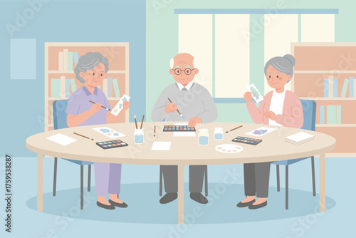 Seniors enjoying a creative painting activity together Joyful hobby for elderly in a group