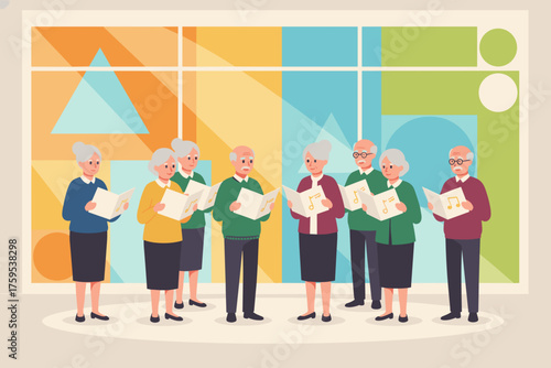 Joyful senior citizens singing together in a choir promoting active aging and community