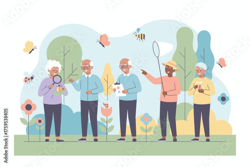 Happy seniors exploring nature observing insects with magnifying glass and net Active outdoor leisure
