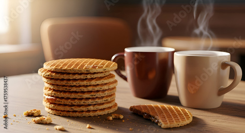 Stack of stroopwafels with hot drinks and cozy ambiance with natural light and atmosphere