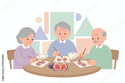Elderly people painting figs enjoying creative hobby Leisure activity engagement mental wellbeing