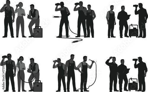 Team of engineers and technicians using inspection camera vector illustration, industrial maintenance workers checking pipelines and equipment for engineering and repair projects.