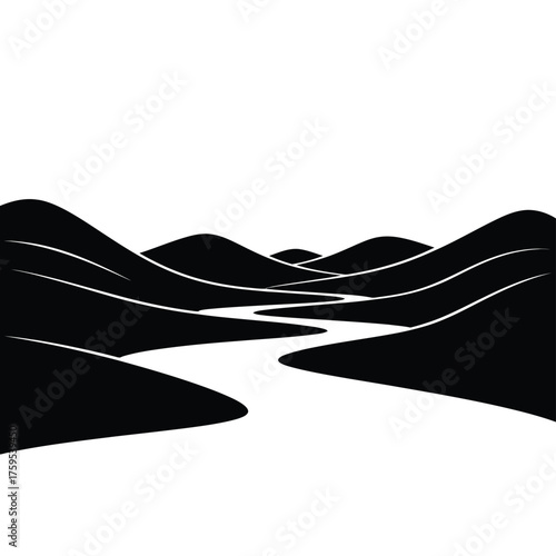 Stylized black silhouette of a winding river through rolling hills landscape art vector