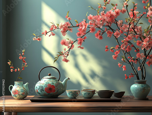 A Classic Tea Ceremony Table with Ornate Teapots