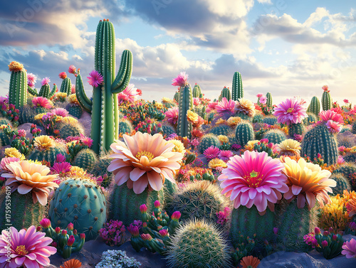A Colorful Display of Blooming Cacti in a Garden