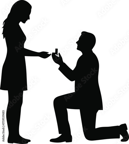 Marriage proposal silhouette cartoon illustration, symbolic love and expressive gesture artwork for romantic and emotional lifestyle design