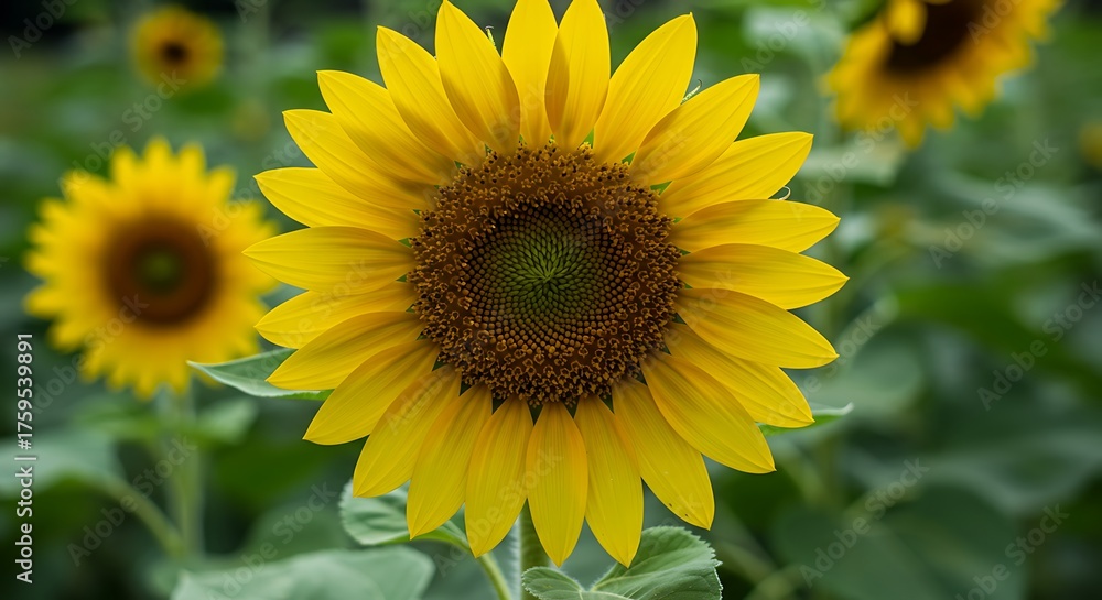 Obraz premium Vibrant sunflowers in full bloom with yellow petals and green foliage