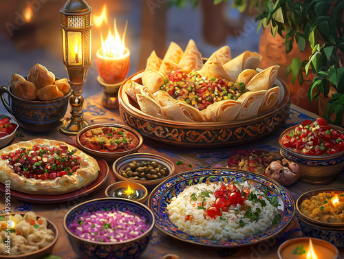 A family meal with a variety of traditional Middle Eastern dishes