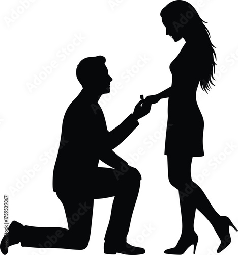 Marriage proposal silhouette cartoon illustration, symbolic commitment and expressive gesture artwork for romantic and emotional lifestyle design