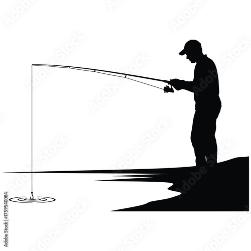 Silhouette of fisherman casting rod on lakeside captures moment of peaceful outdoor recreation vector