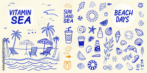 Collection of hand drawn beach elements and summer vacation icons with the words vitamin sea and beach days