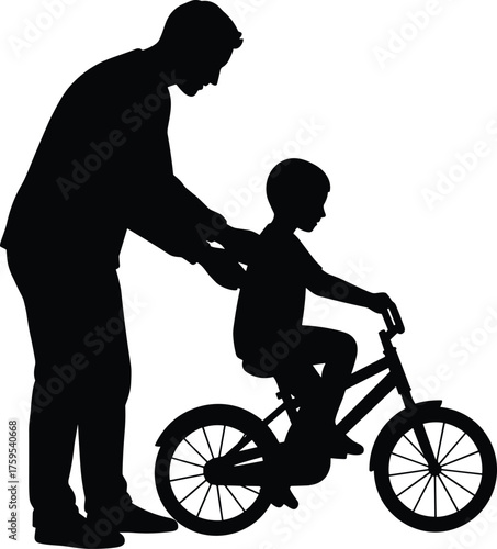 Parent teaching child to ride bike silhouette cartoon illustration, symbolic support and expressive gesture artwork for family and lifestyle design