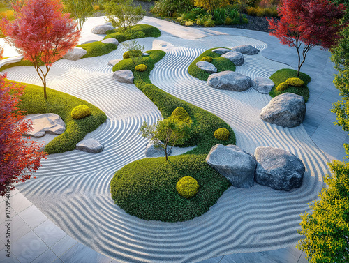 Peaceful Zen garden seen from above