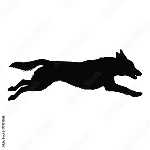 Silhouette of a powerful black dog running with its body extended in motion vector
