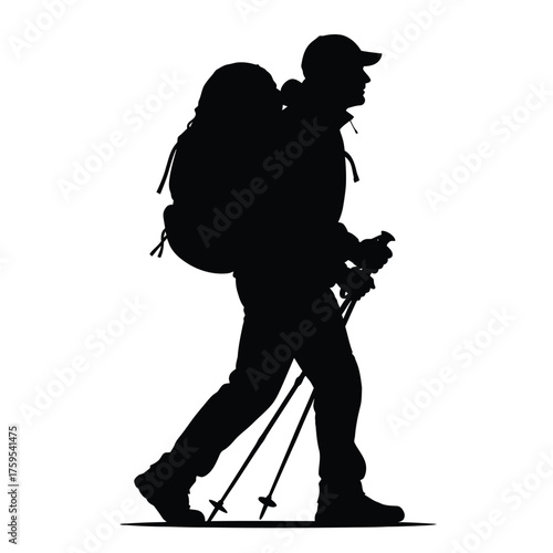 Silhouette of hiker with backpack and trekking poles walking outdoors vector