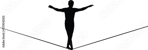 Person balancing on tightrope silhouette cartoon illustration, symbolic precision and expressive gesture artwork for challenge and lifestyle design