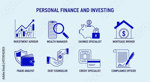 Blue line art icons illustrating personal finance and investing career roles on a light background